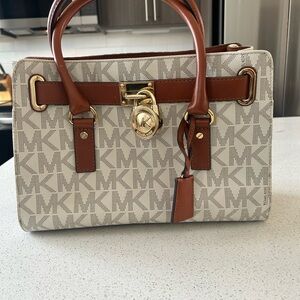 Michael Kors Cream Logo Satchel with Brown Leather Trim and Gold Hardware